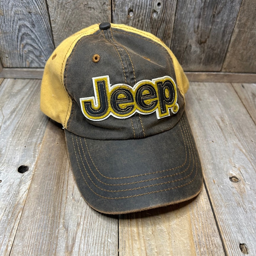 Jeep Baseball Cap Brown Yellow Embroidered Logo Adjustable Distressed Hat OSFA